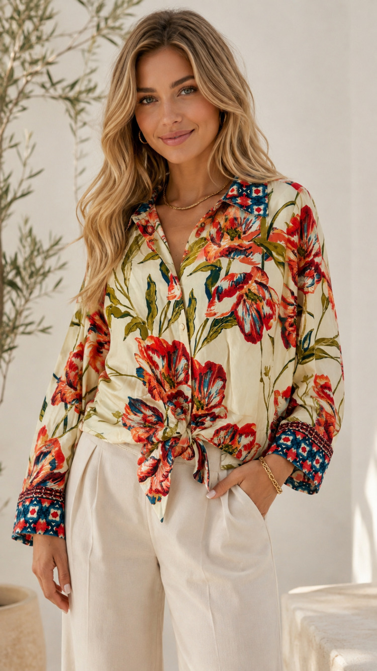 NWT Figueroa & Flower Rayon Blouse M Fits L Cream Red Floral Tie Front EDE66S29